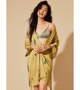 Beautifully printed yellow short kimono robe