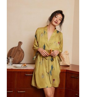 Beautifully printed yellow short kimono robe