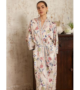 Beige Chinese Floral Long Kimono Nightgown
