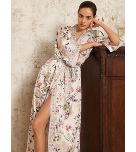 Beige Chinese Floral Long Kimono Nightgown
