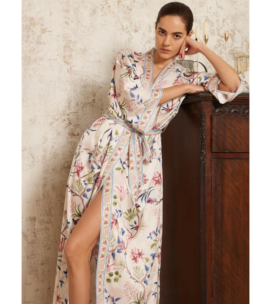 Beige Chinese Floral Long Kimono Nightgown