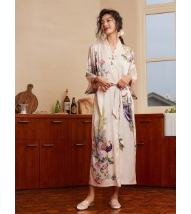 Beige Kimono Robe with Peacock Pattern