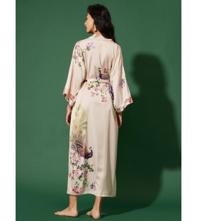 Beige Kimono Robe with Peacock Pattern