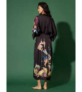 Black Kimono Robe with Dragon and Phoenix Pattern