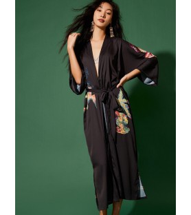Black Kimono Robe with Dragon and Phoenix Pattern
