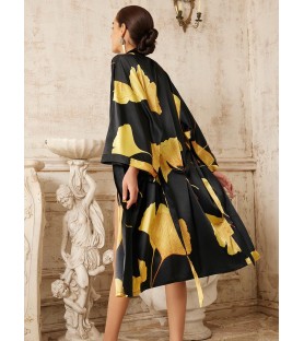 Black Kimono Robe with Yellow Ginkgo Leaf Print