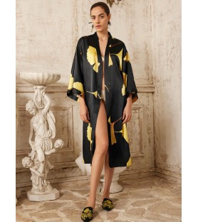 Black Kimono Robe with Yellow Ginkgo Leaf Print