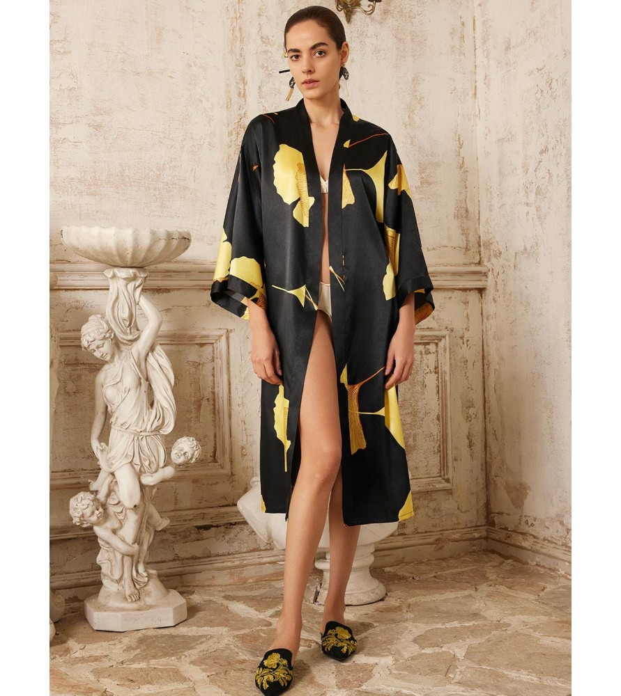 Black Kimono Robe with Yellow Ginkgo Leaf Print