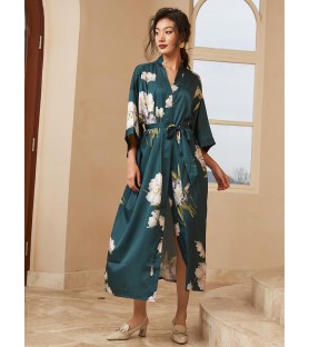 Dark Green Kimono Robe with Anemone Pattern