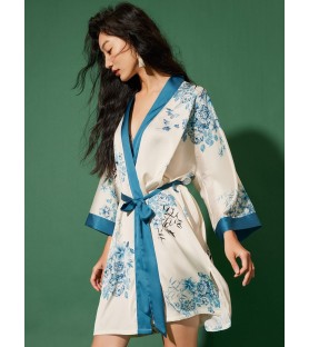 Blue Ink Painting Style Short Kimono Robe