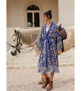 Blue Kimono Robe Dressing Gown with Fringes