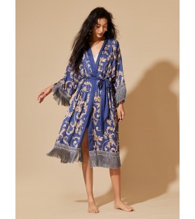 Blue Kimono Robe Dressing Gown with Fringes