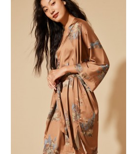 Floral Brown Short Kimono Robe
