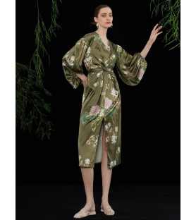 Floral Lantern Sleeve Olive Green Skirt