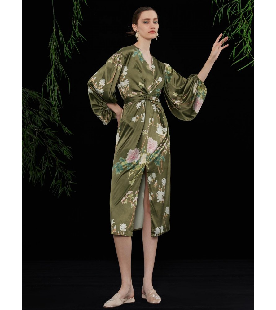 Floral Lantern Sleeve Olive Green Skirt