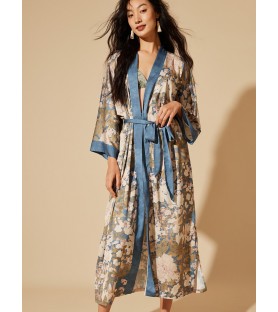 Floral Pattern with Blue Binding Kimono Robe