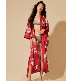 Floral Red Kimono Robe Dressing Gown