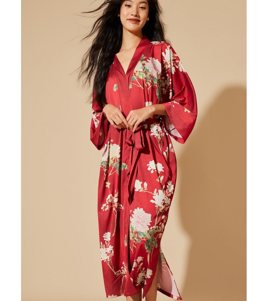 Floral Red Kimono Robe Dressing Gown
