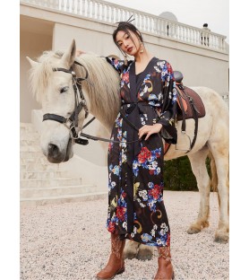 Floral and Bird Pattern Kimono Robe