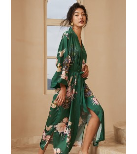 Floral and Crane Pattern Green Kimono Robe