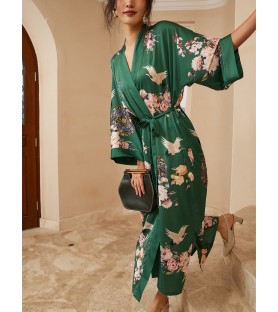 Floral and Crane Pattern Green Kimono Robe