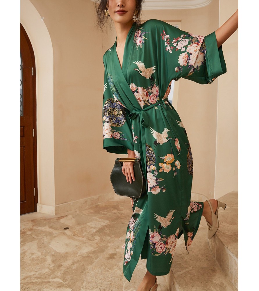 Floral and Crane Pattern Green Kimono Robe
