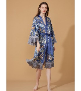 Fringed Floral Kimono Robe