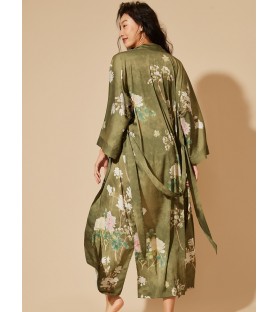 Ink-inspired floral army green kimono robe