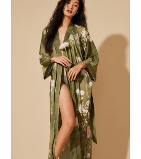 Ink-inspired floral army green kimono robe