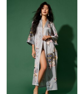Light Grey Kimono Robe with Floral and Bird Pattern 