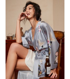 Light Grey Kimono Robe with Floral and Bird Pattern