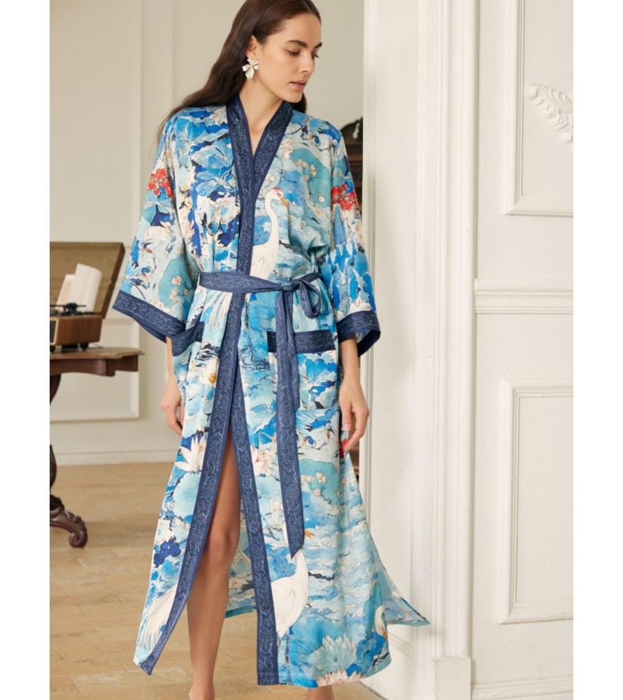 Lotus and Crane Pattern Kimono Robe