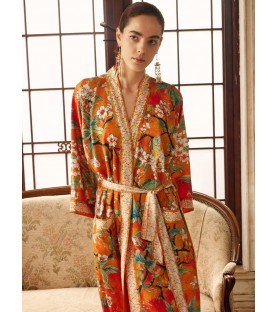 Orange Enamel Camellia Floral Kimono Robe