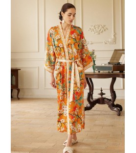 Orange Enamel Camellia Floral Kimono Robe