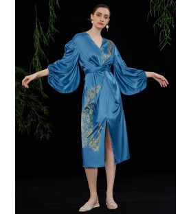 Oriental Peacock Lantern Sleeve Blue Dress