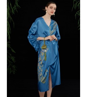 Oriental Peacock Lantern Sleeve Blue Dress