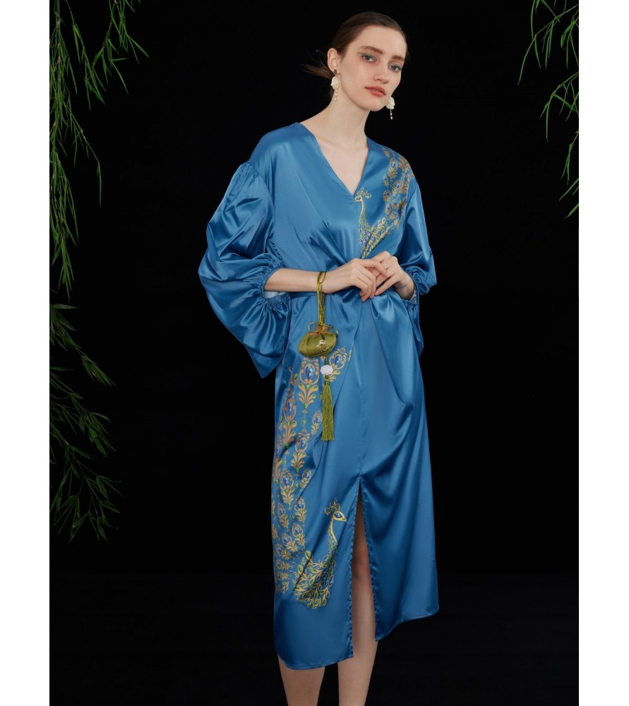 Oriental Peacock Lantern Sleeve Blue Dress