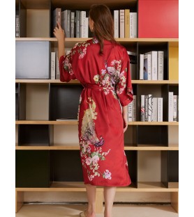 Peacock Pattern Red Kimono Robe