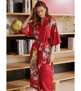 Peacock Pattern Red Kimono Robe