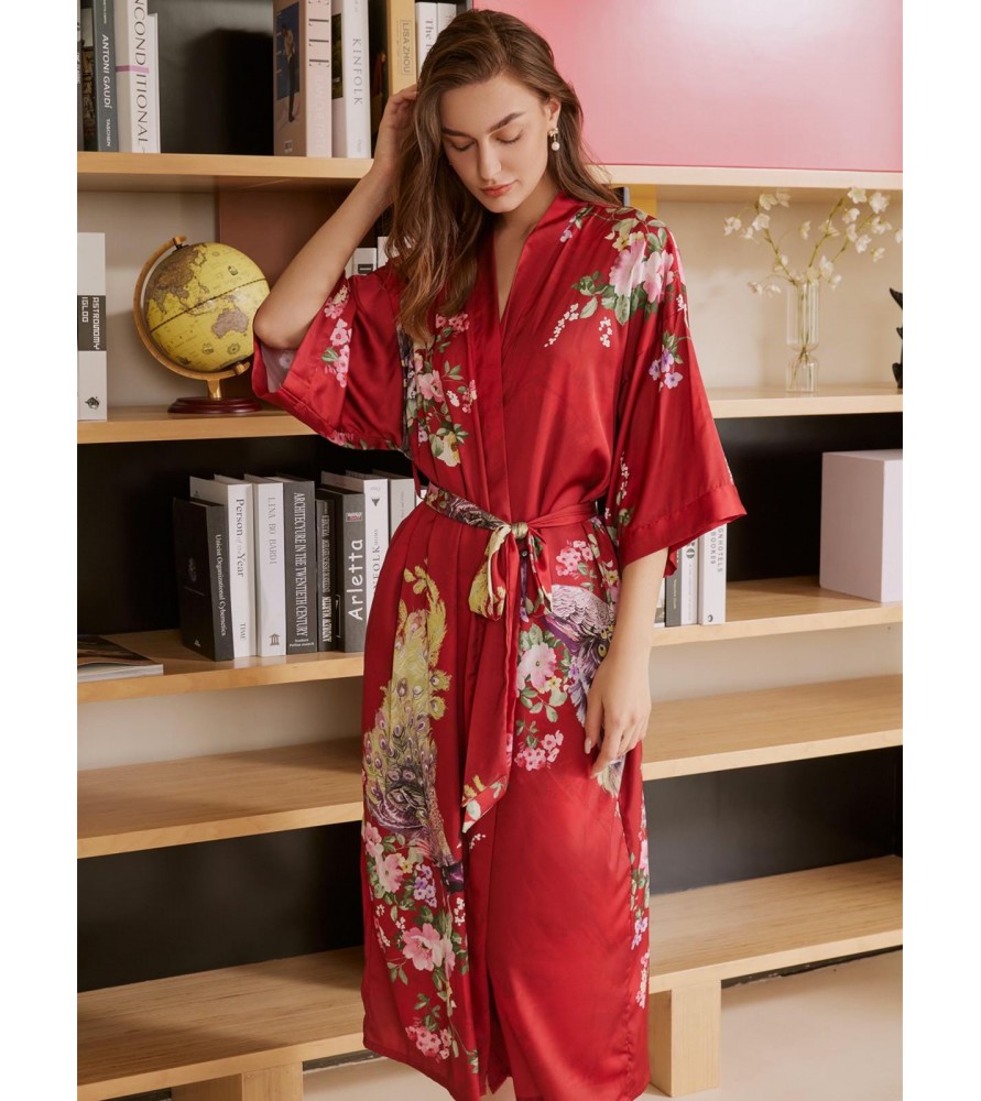 Peacock Pattern Red Kimono Robe