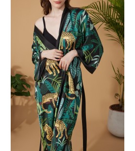 Tropical Plants and Gold Cheetah Kimono Robe