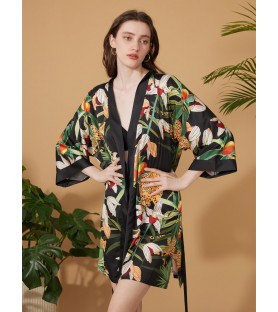 Tropical Plants and Leopard Print Short Kimono Robe