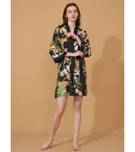 Tropical Plants and Leopard Print Short Kimono Robe