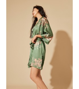 Green Kimono Robe with White Floral
