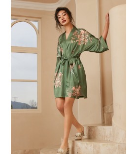 Green Kimono Robe with White Floral